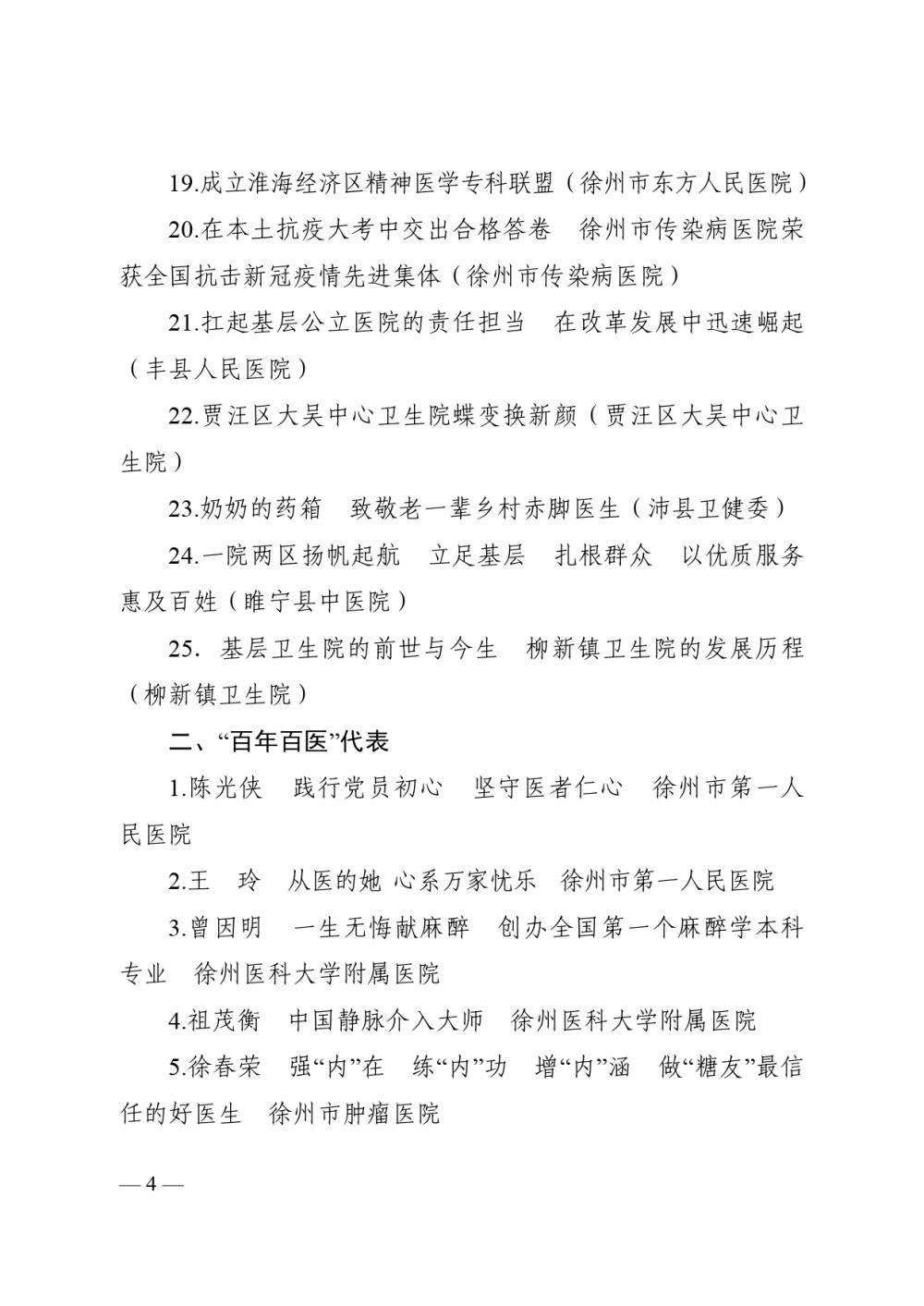 关于表彰“追寻红色记忆 见证百年风华”——徐州市卫生健康系统“百年百事、百年百医”代表的通报